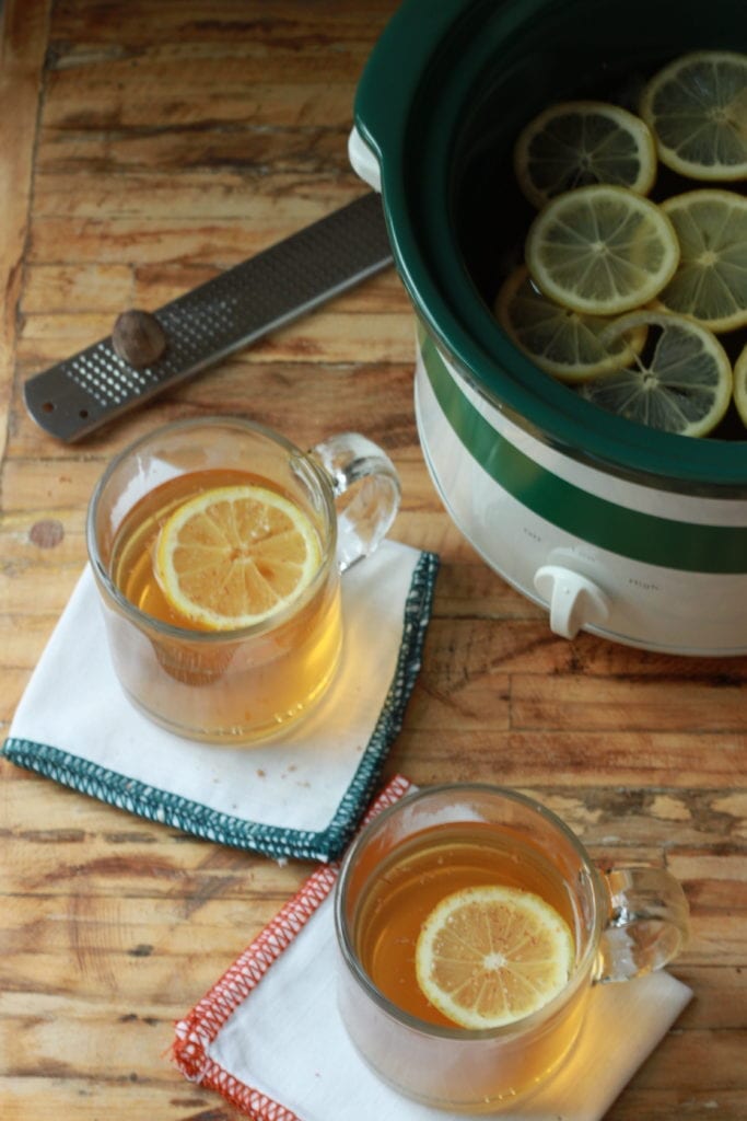 Slow-cooker hot toddy in a clear mug garnished with a lemon slice.