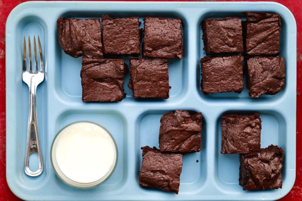 Cocoa Brownies: Reloaded on a TV dinner tray with a glass of milk.