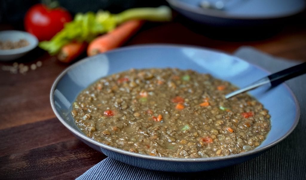 A bowl of lentil soup.