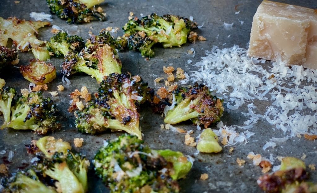 Oven roasted broccoli with Parmesan cheese.