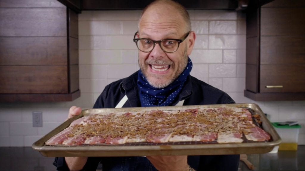 Alton Brown with Laquered Bacon