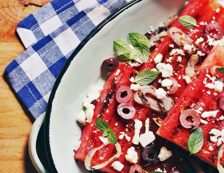 Grilled watermelon salad with feta cheese and mint