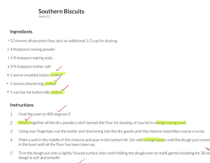 A notated and highlighted Alton Brown recipe for Southern Biscuits.