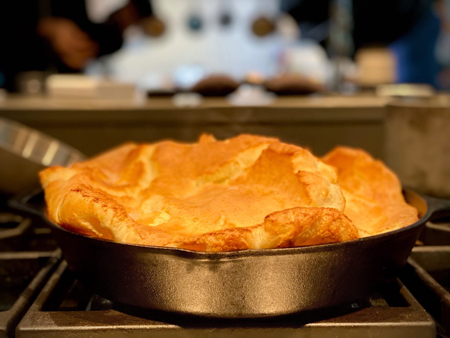 Yorkshire pudding in a cast iron skillet.