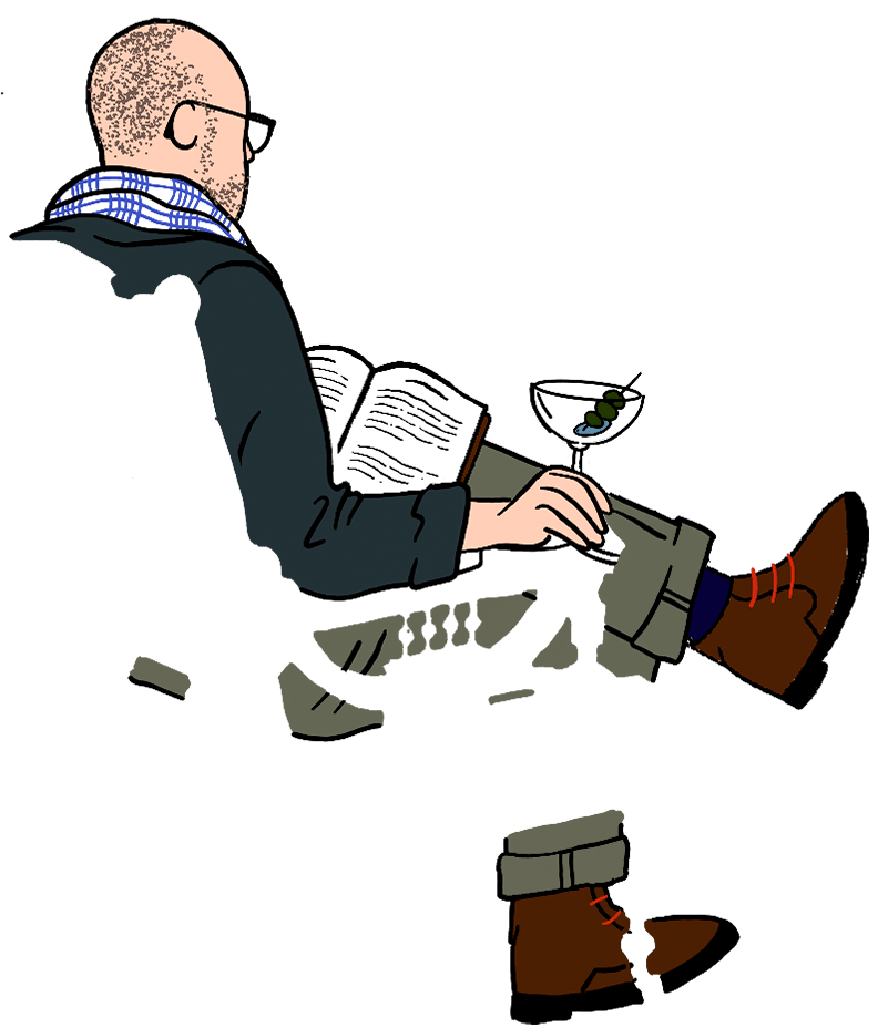 Animated Alton Brown sitting in a chair, holding a coffee mug